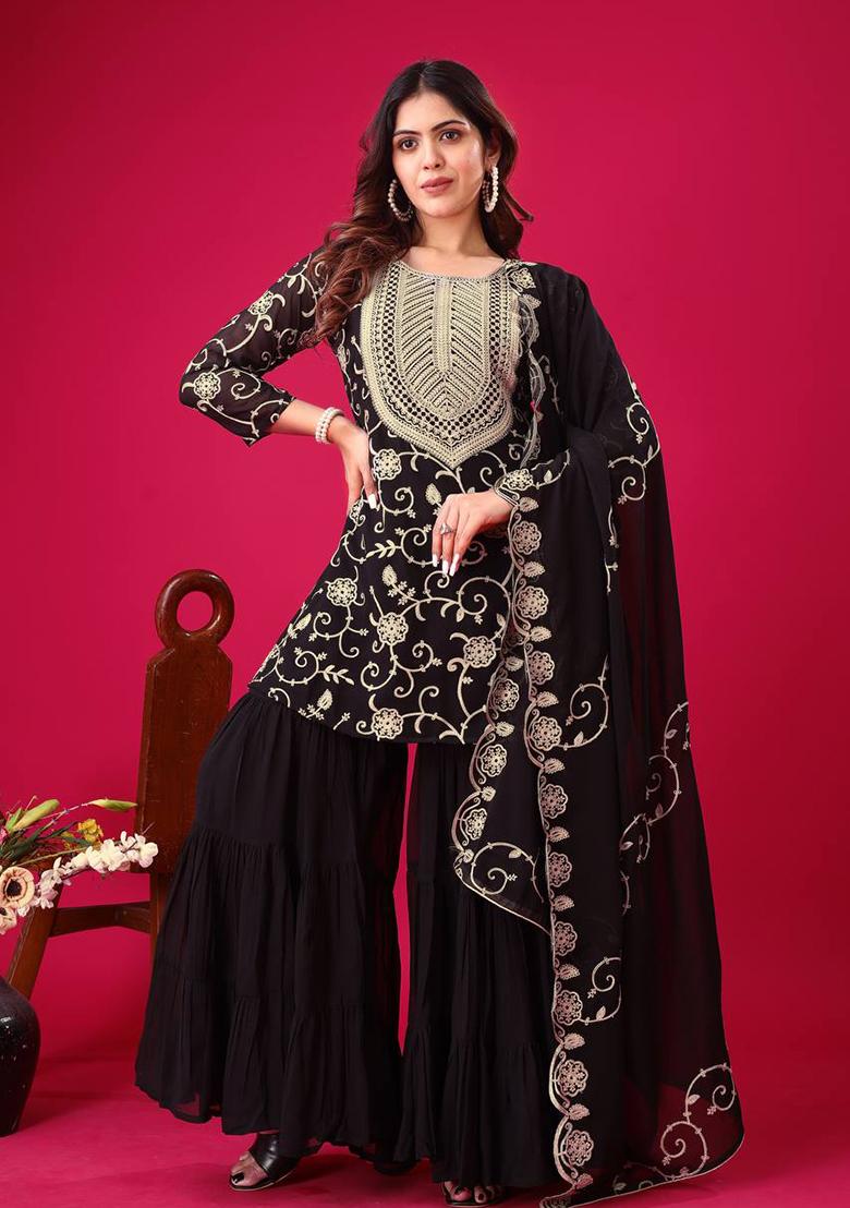 Black Embroidered Georgette Sharara Set