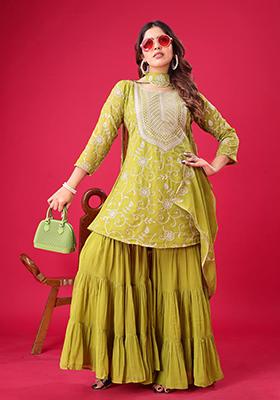 Parrot Green Embroidered Georgette Sharara Set