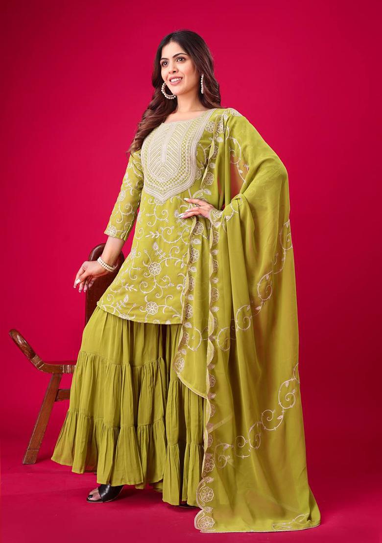Parrot Green Embroidered Georgette Sharara Set
