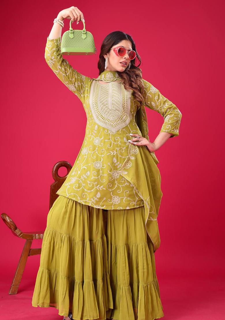 Parrot Green Embroidered Georgette Sharara Set