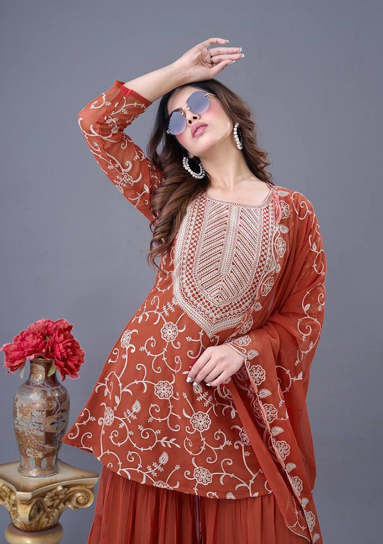 Orange Embroidered Georgette Sharara Set