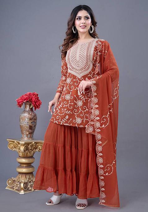 Orange Embroidered Georgette Sharara Set