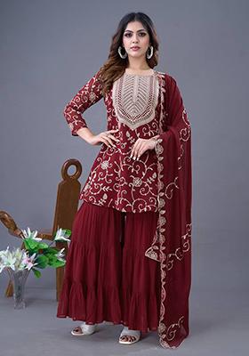 Maroon Embroidered Georgette Sharara Set