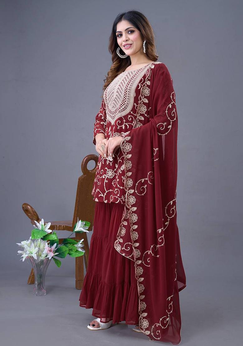 Maroon Embroidered Georgette Sharara Set