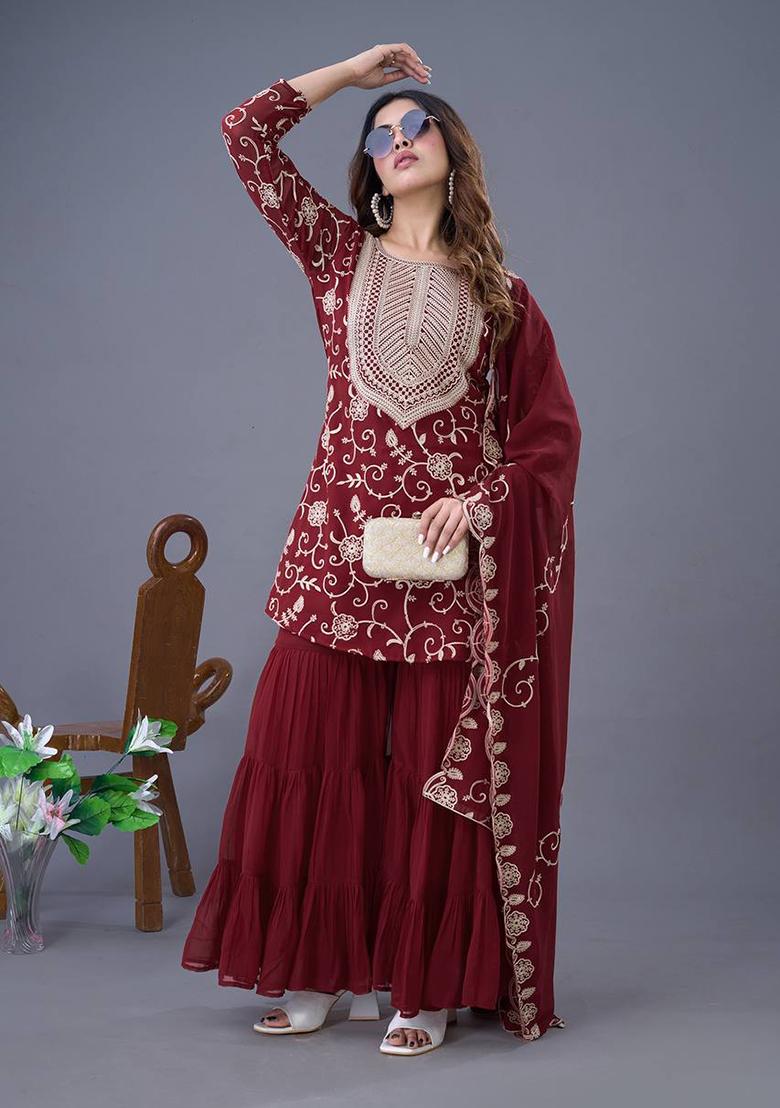 Maroon Embroidered Georgette Sharara Set