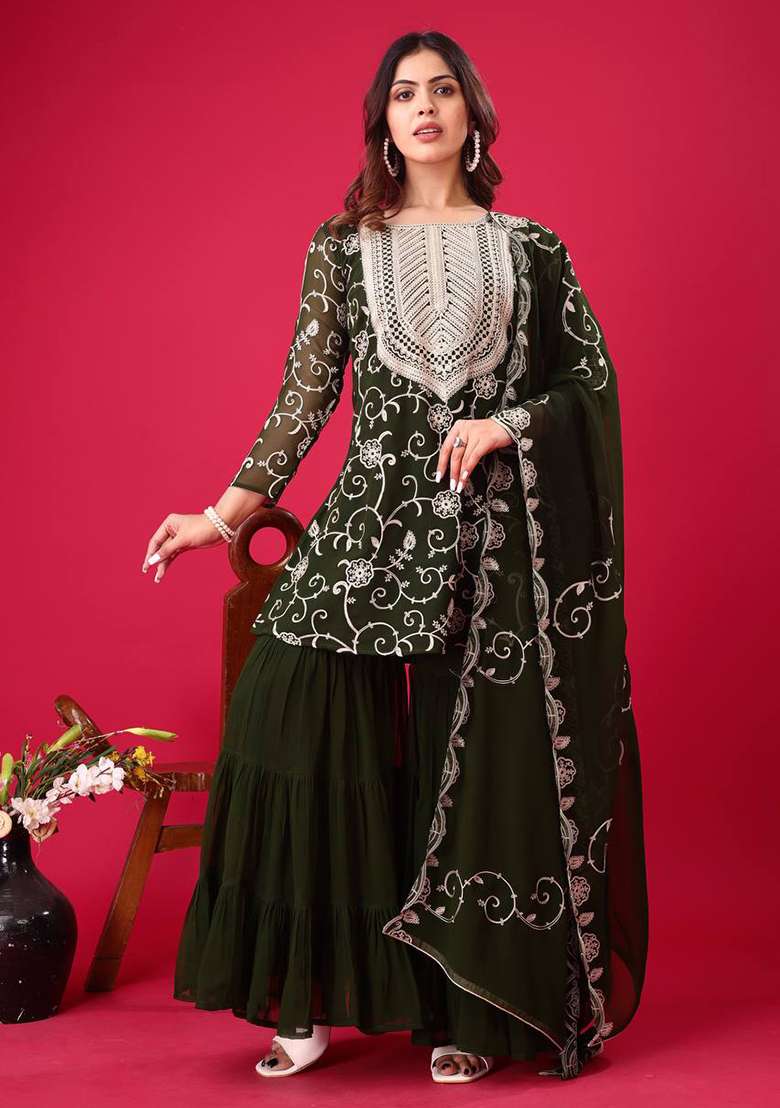 Green Embroidered Georgette Sharara Set - Indya