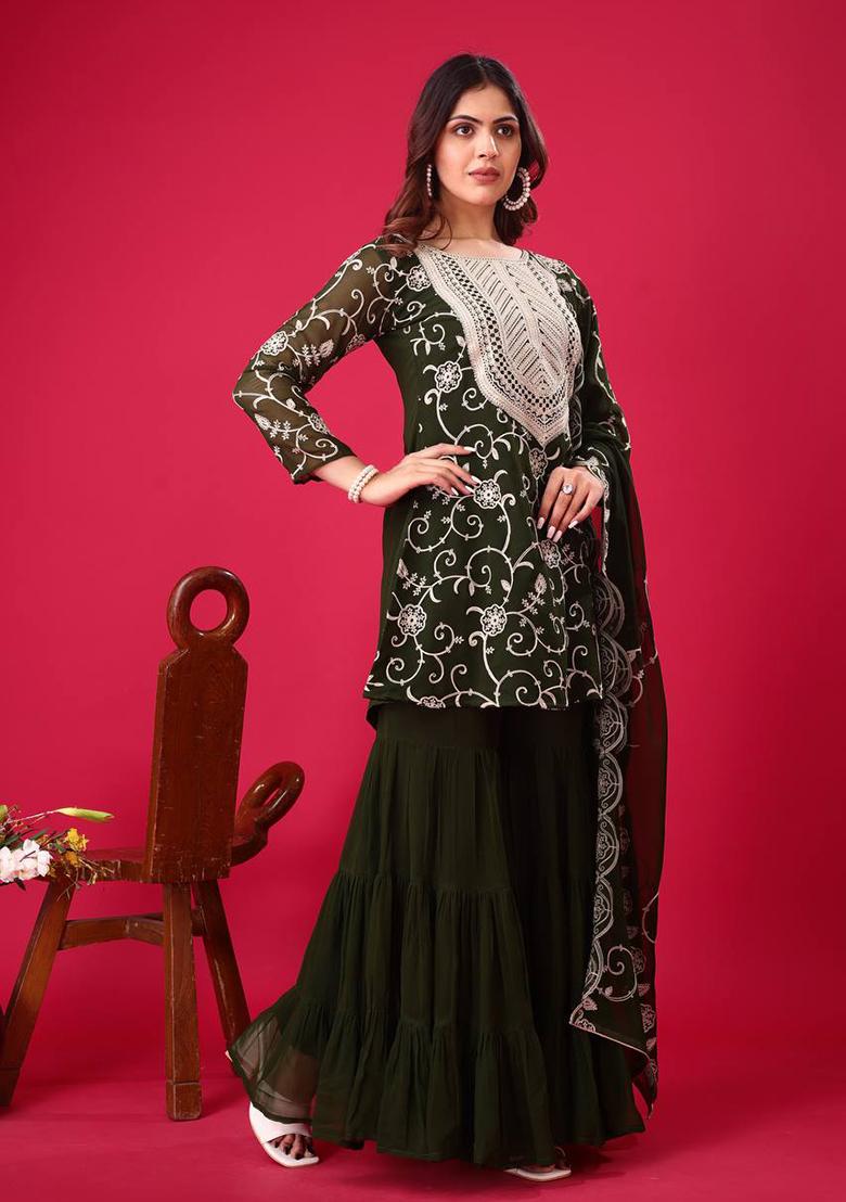 Green Embroidered Georgette Sharara Set