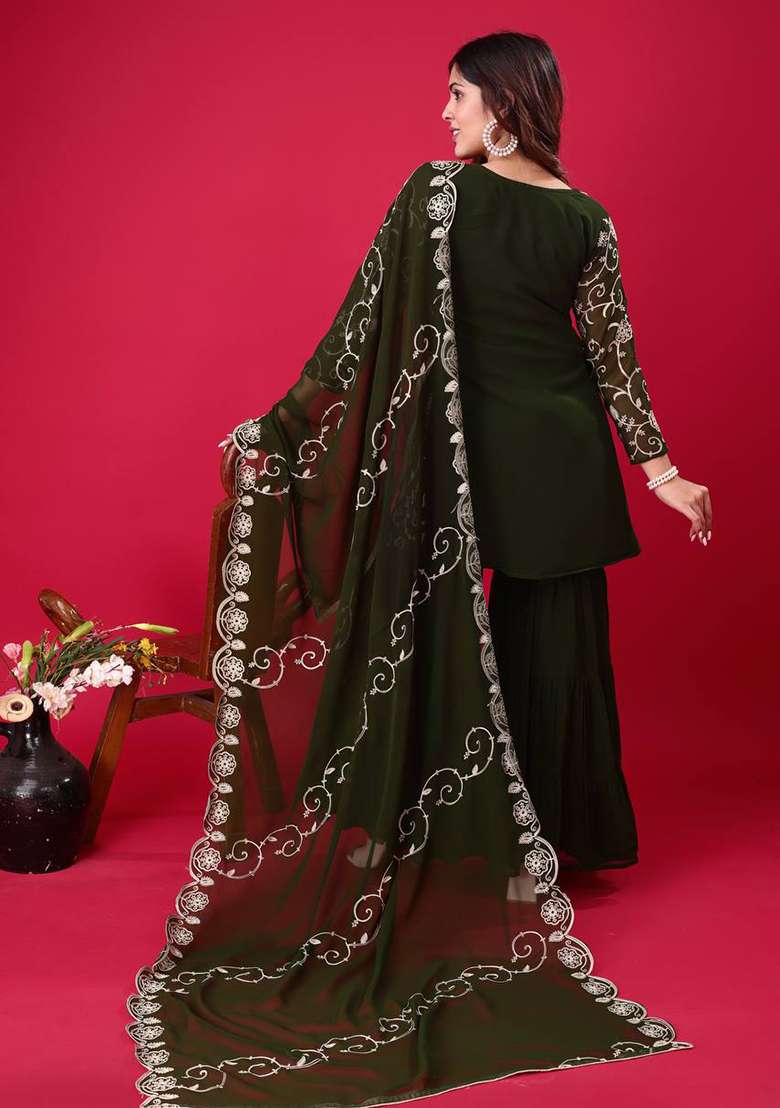 Green Embroidered Georgette Sharara Set - Indya