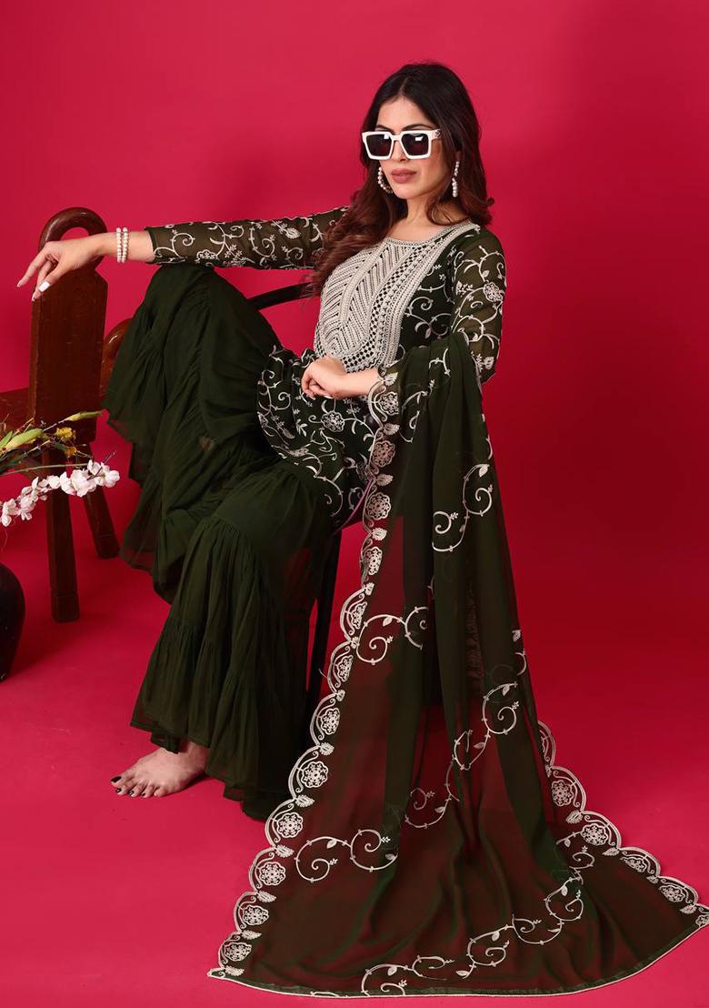 Green Embroidered Georgette Sharara Set