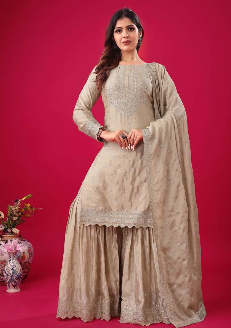 Cream Embroidered Chinnon Silk Sharara Set - Indya