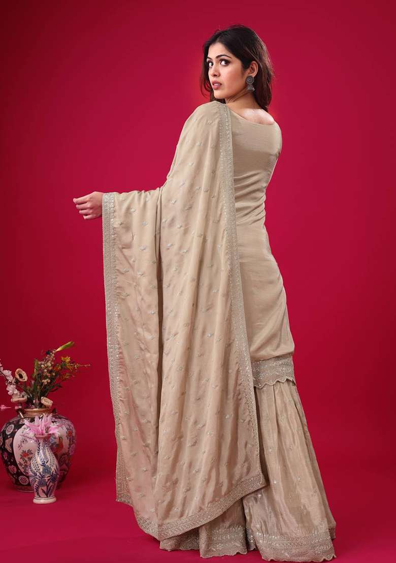 Cream Embroidered Chinnon Silk Sharara Set - Indya