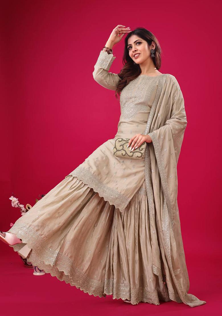 Cream Embroidered Chinnon Silk Sharara Set