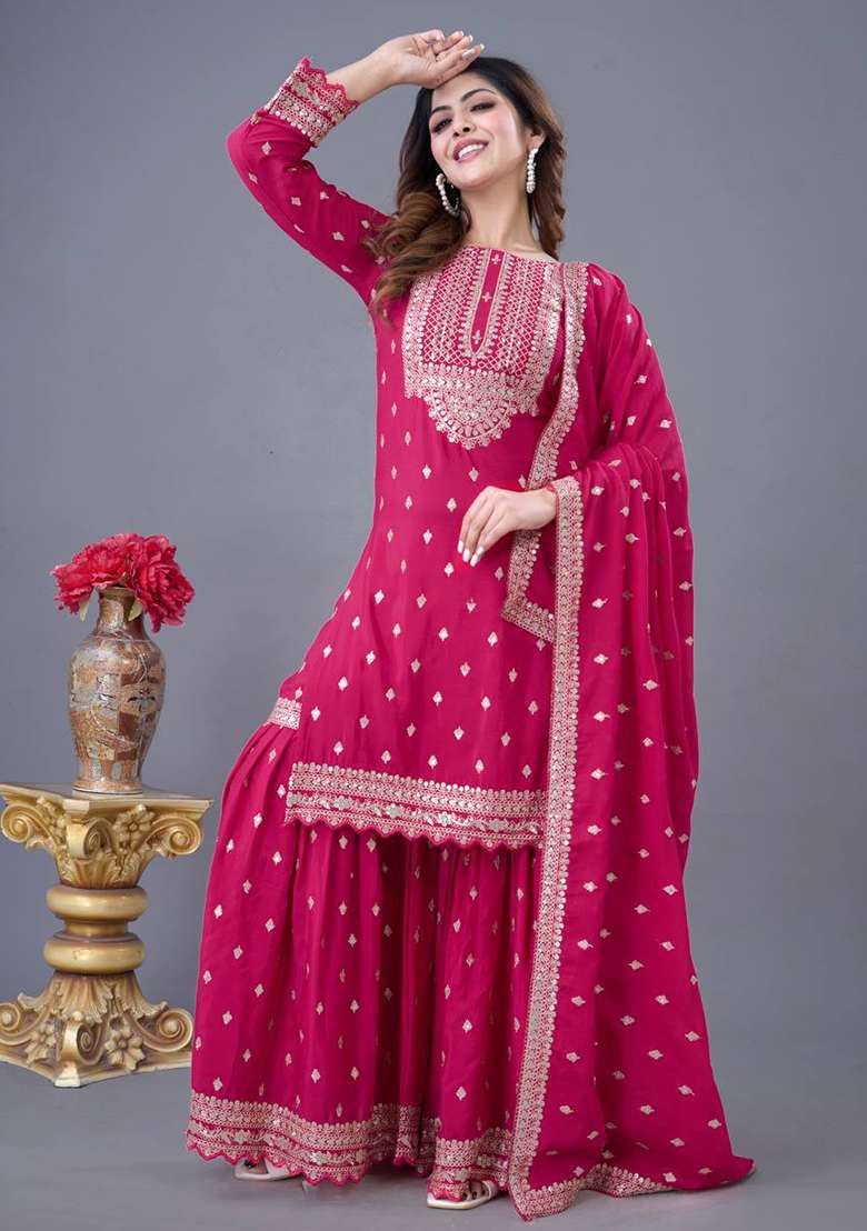 Rani Pink Embroidered Chinnon Silk Sharara Set - Indya