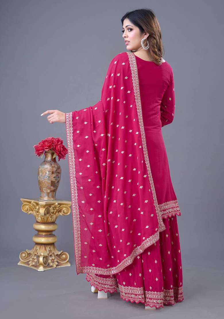 Rani Pink Embroidered Chinnon Silk Sharara Set - Indya