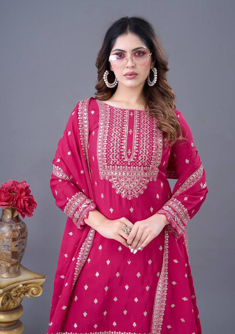 Rani Pink Embroidered Chinnon Silk Sharara Set