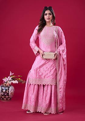 Pink Embroidered Chinnon Silk Sharara Set