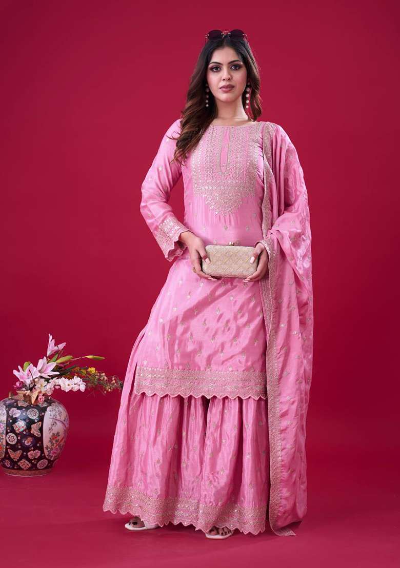 Pink Embroidered Chinnon Silk Sharara Set - Indya