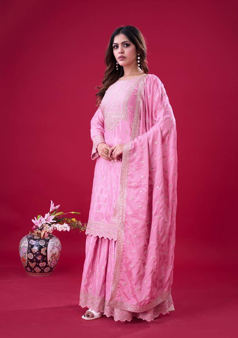 Pink Embroidered Chinnon Silk Sharara Set