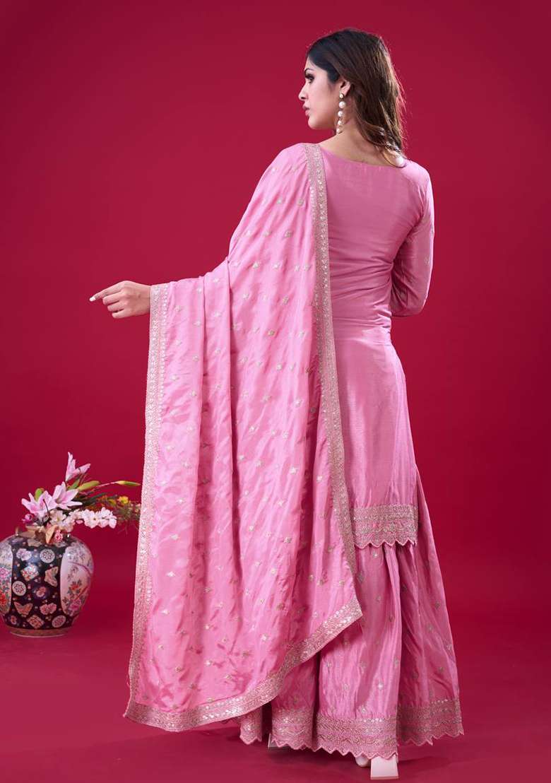 Pink Embroidered Chinnon Silk Sharara Set - Indya