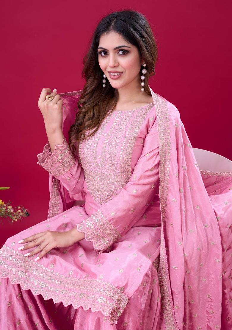 Pink Embroidered Chinnon Silk Sharara Set