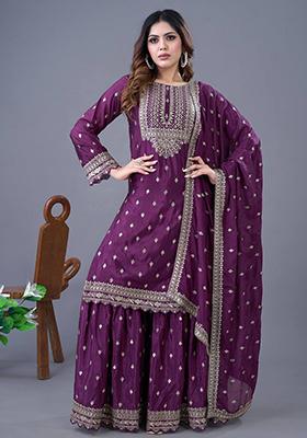 Purple Embroidered Chinnon Silk Sharara Set