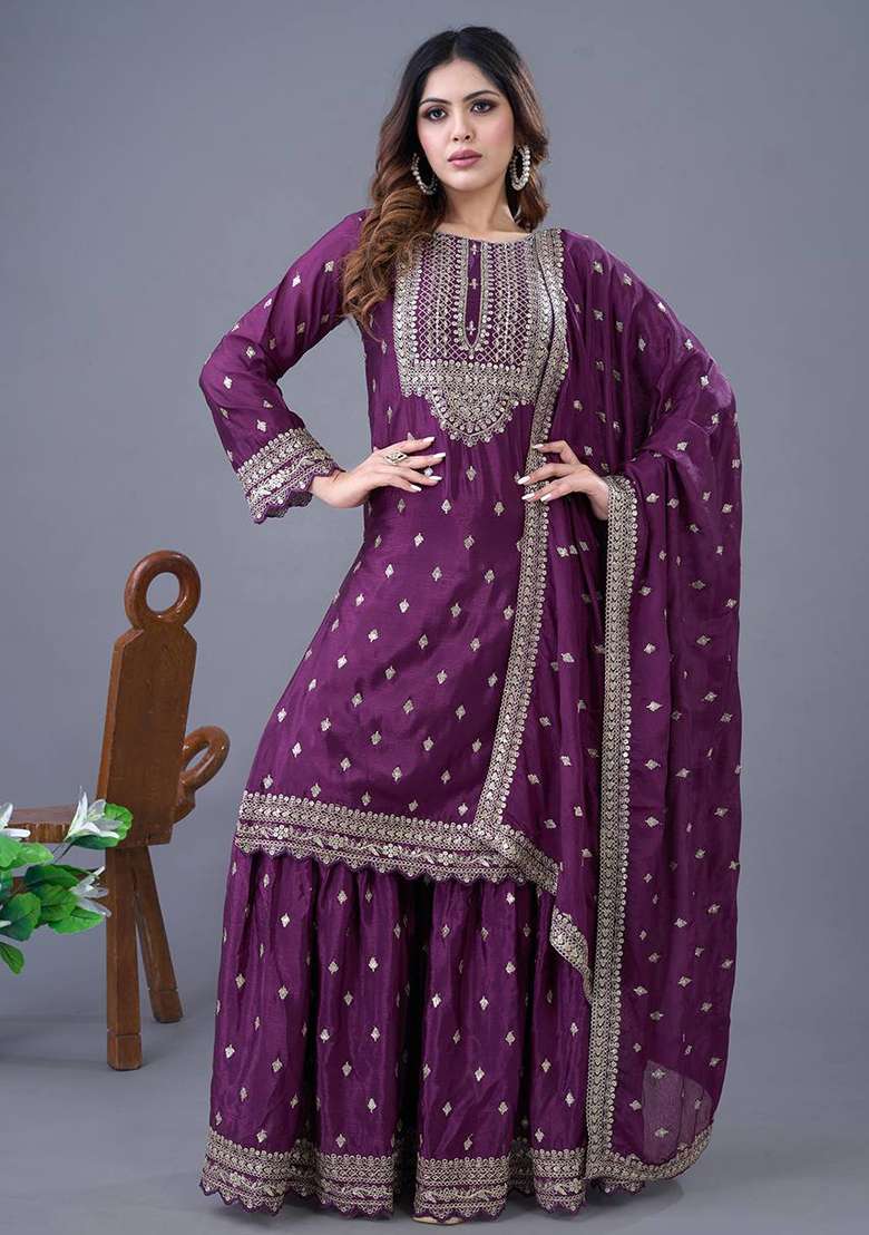 Purple Embroidered Chinnon Silk Sharara Set - Indya