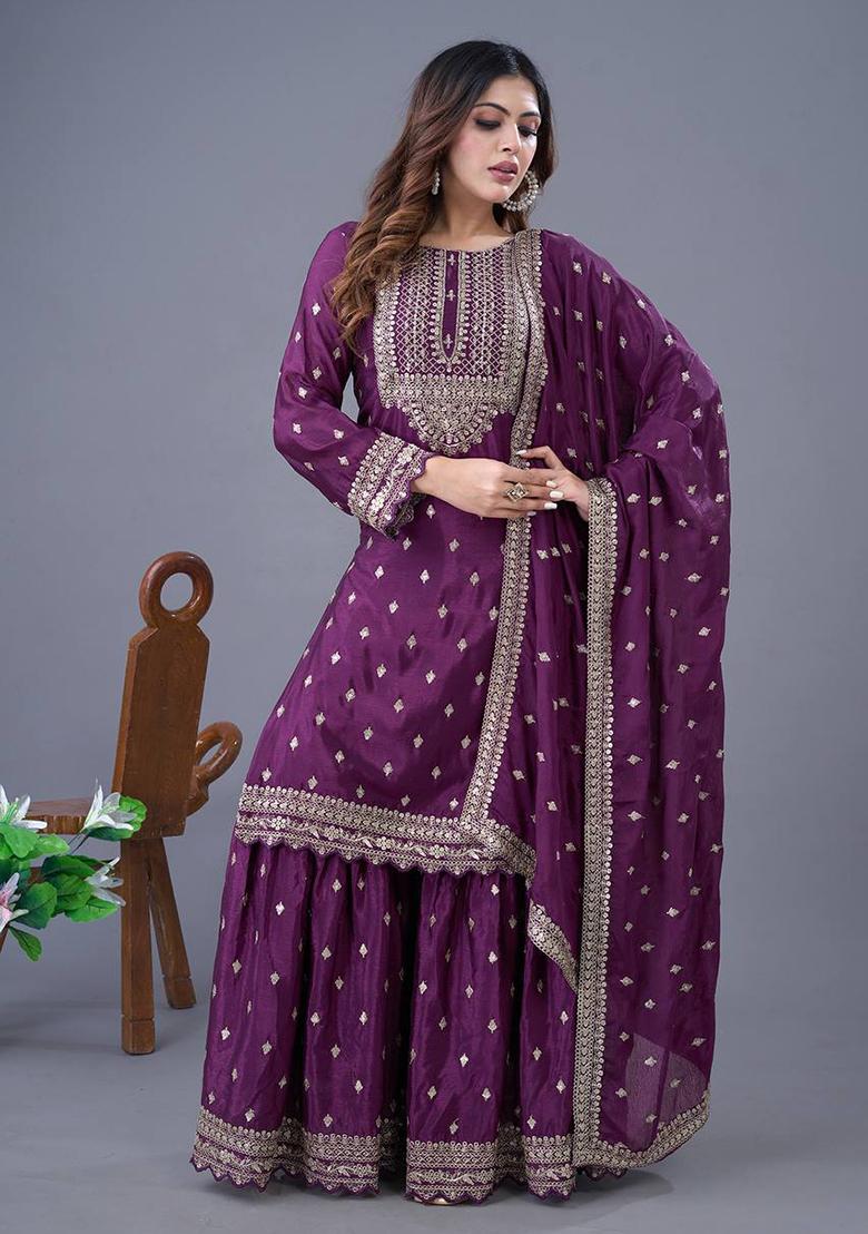 Purple Embroidered Chinnon Silk Sharara Set