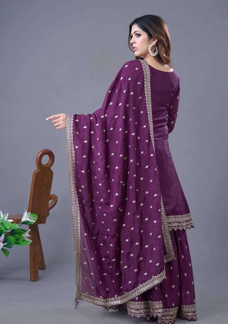 Purple Embroidered Chinnon Silk Sharara Set - Indya