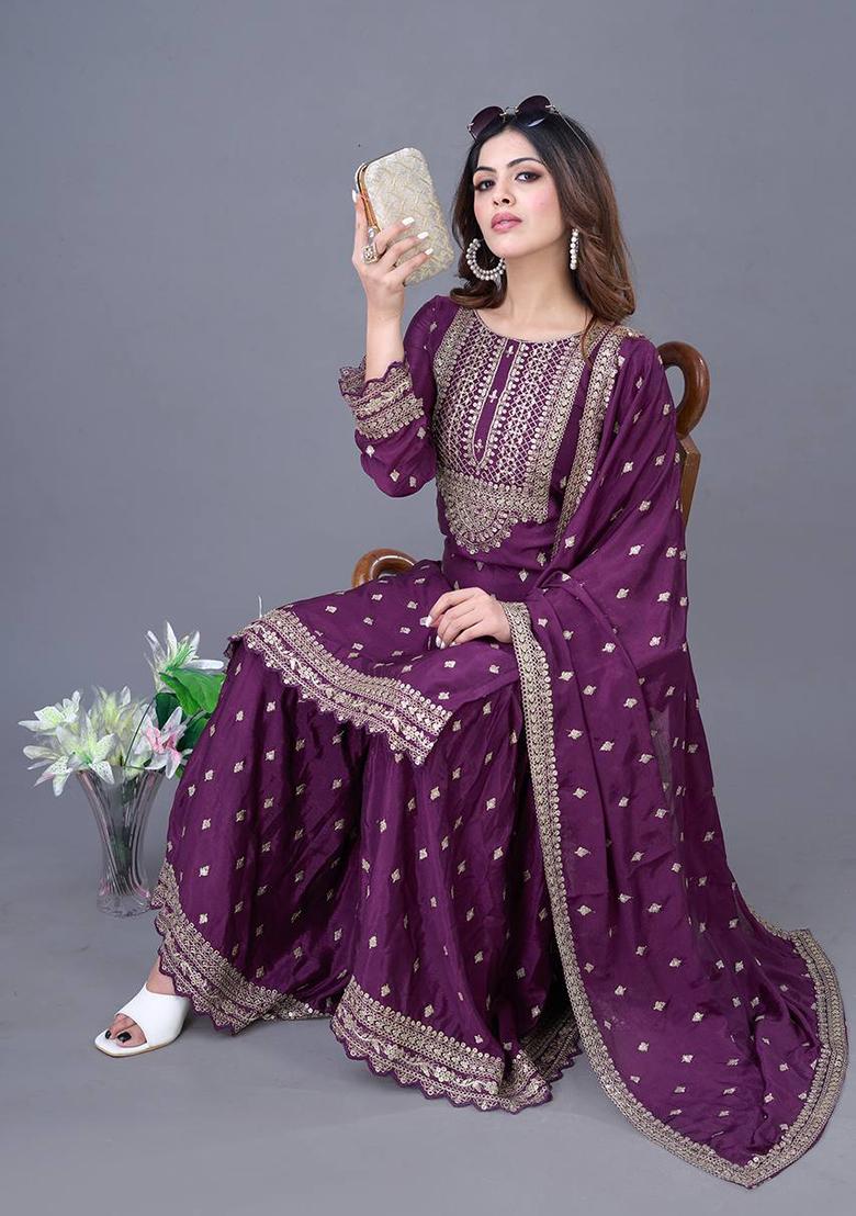 Purple Embroidered Chinnon Silk Sharara Set
