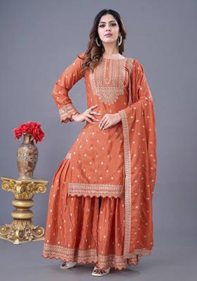 Orange Embroidered Chinnon Silk Sharara Set
