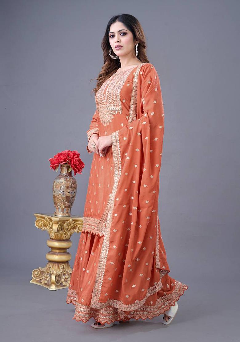 Orange Embroidered Chinnon Silk Sharara Set