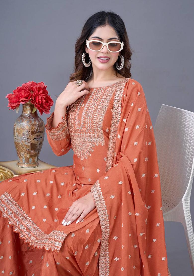 Orange Embroidered Chinnon Silk Sharara Set