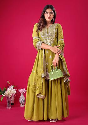 Parrot Green Embroidered Georgette Sharara Set