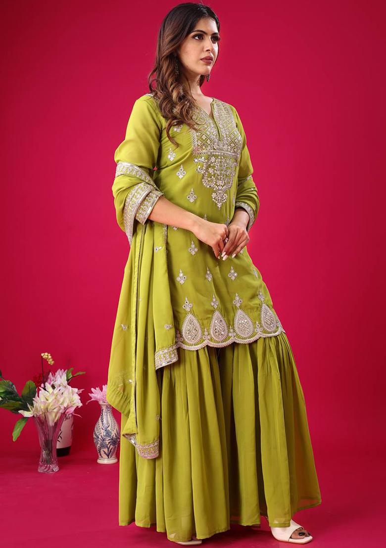 Parrot Green Embroidered Georgette Sharara Set