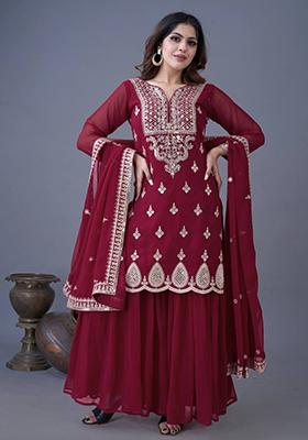 Maroon Embroidered Georgette Sharara Set