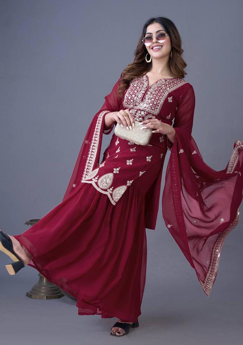 Maroon Embroidered Georgette Sharara Set