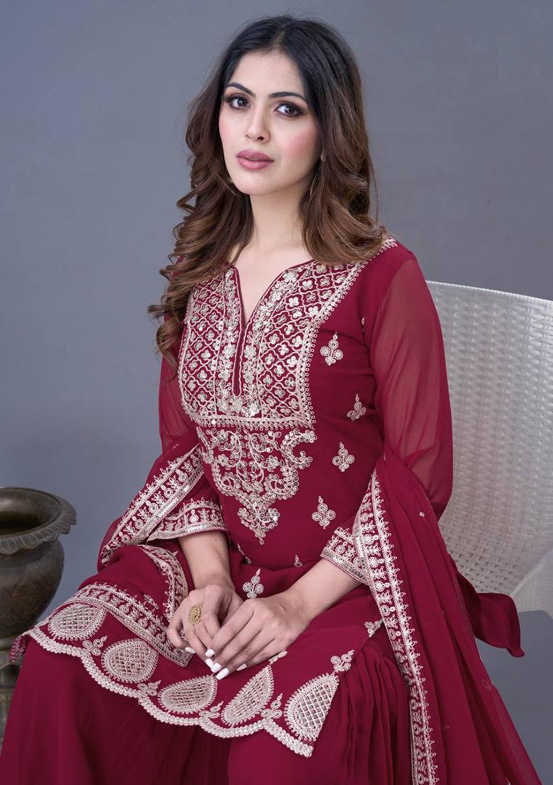 Maroon Embroidered Georgette Sharara Set