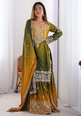 Multi Colour Embroidered Chinnon Kurta Set 