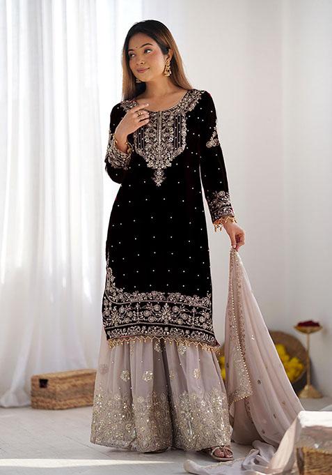 Black Embroidered Georgette  Kurta Set 