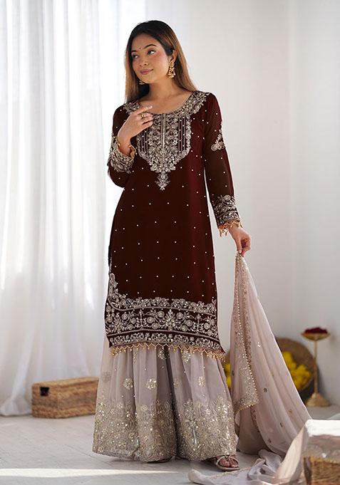 Coffee Brown Embroidered Georgette  Kurta Set 