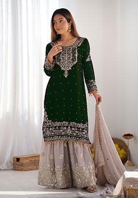 Green Embroidered Georgette  Kurta Set 