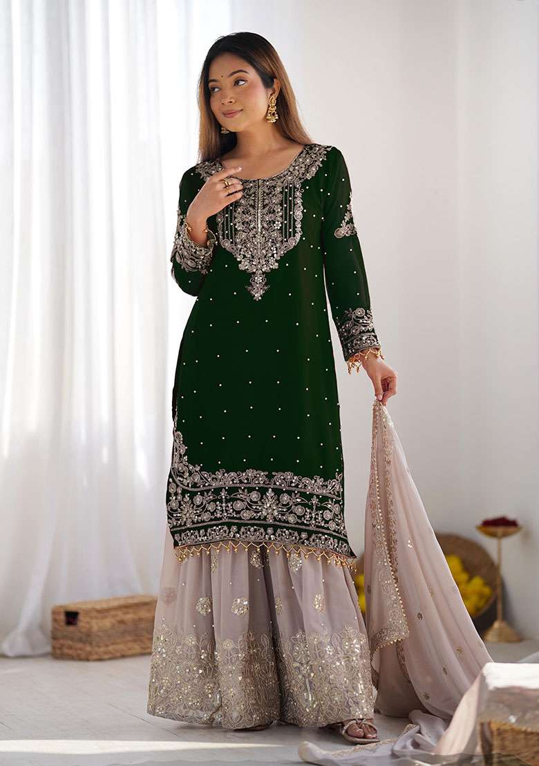 Green Embroidered Georgette  Kurta Set  - Indya