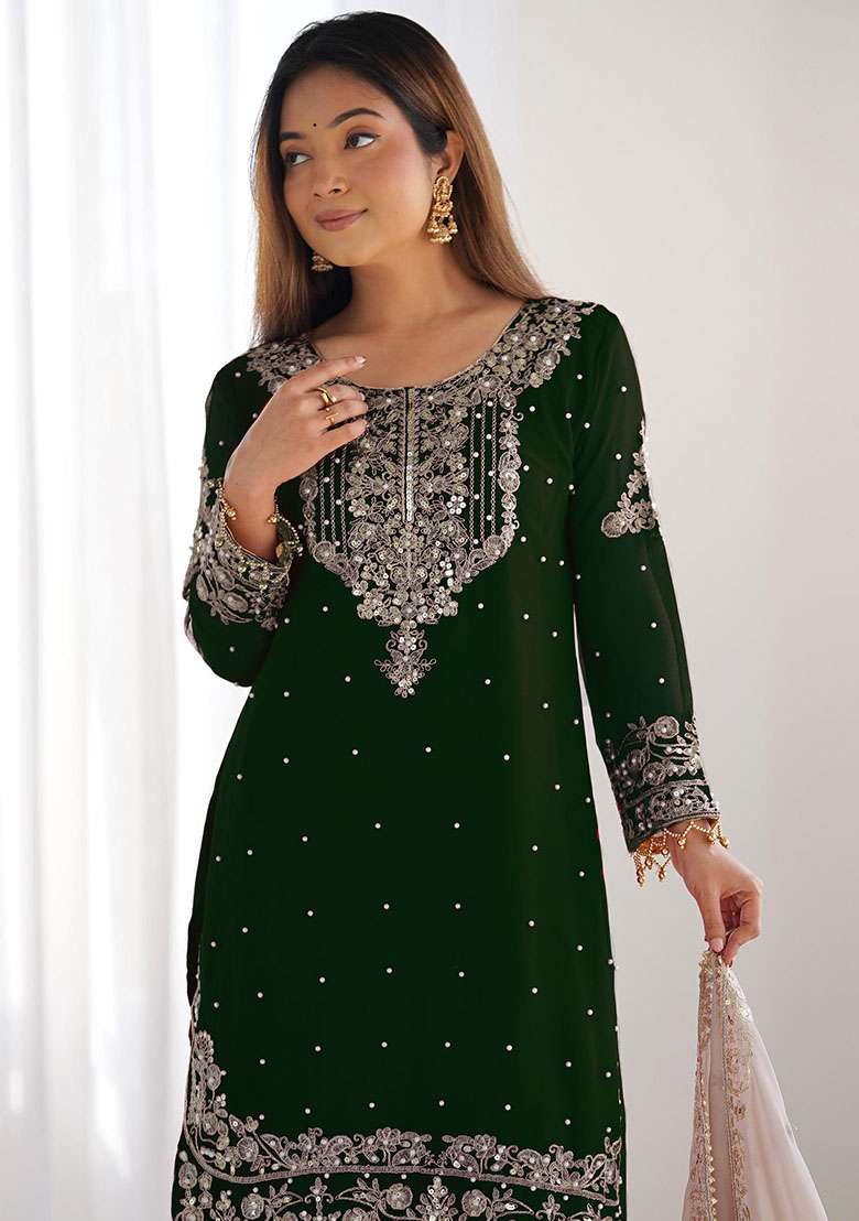 Green Embroidered Georgette  Kurta Set  - Indya