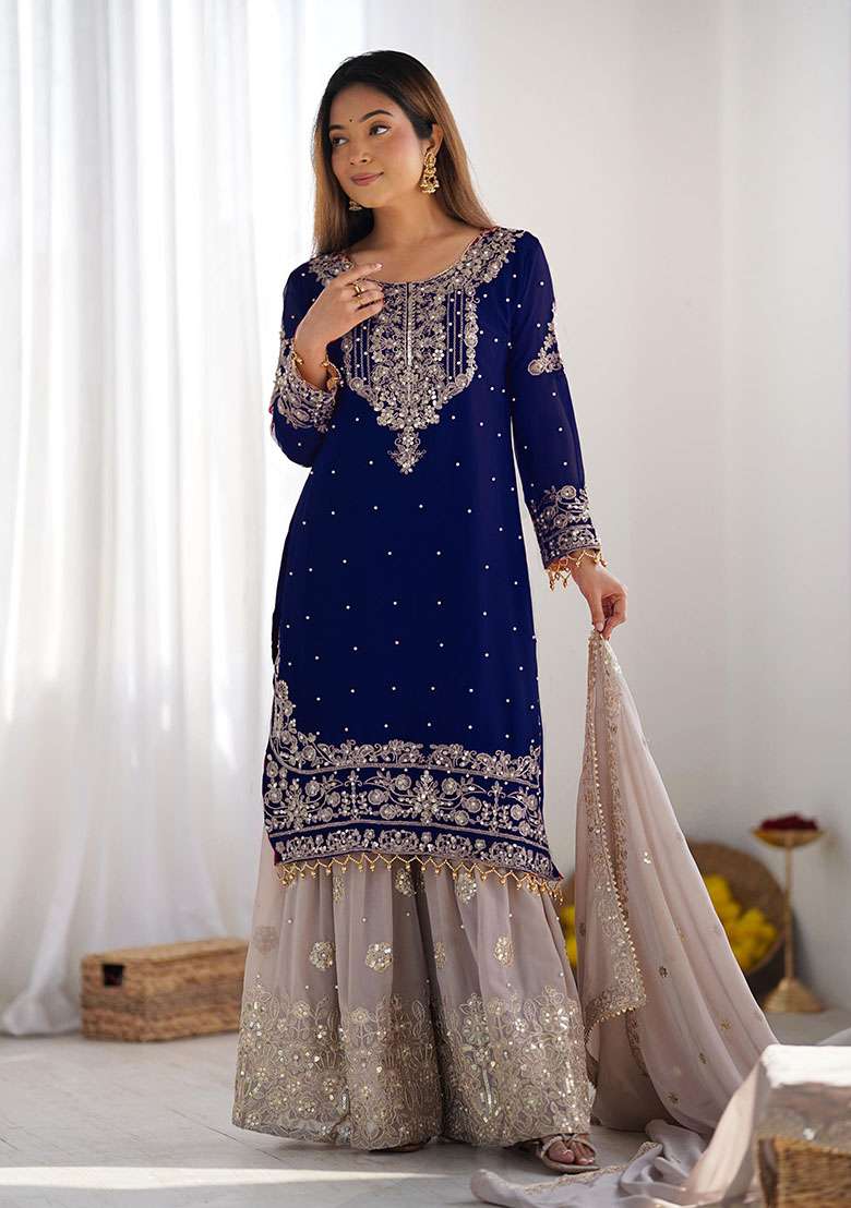 Navy Blue Embroidered Georgette  Kurta Set  - Indya