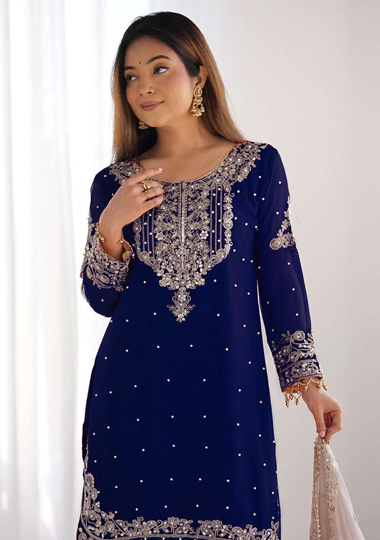 Navy Blue Embroidered Georgette  Kurta Set  - Indya