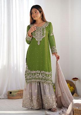 Parrot Green Embroidered Georgette  Kurta Set 