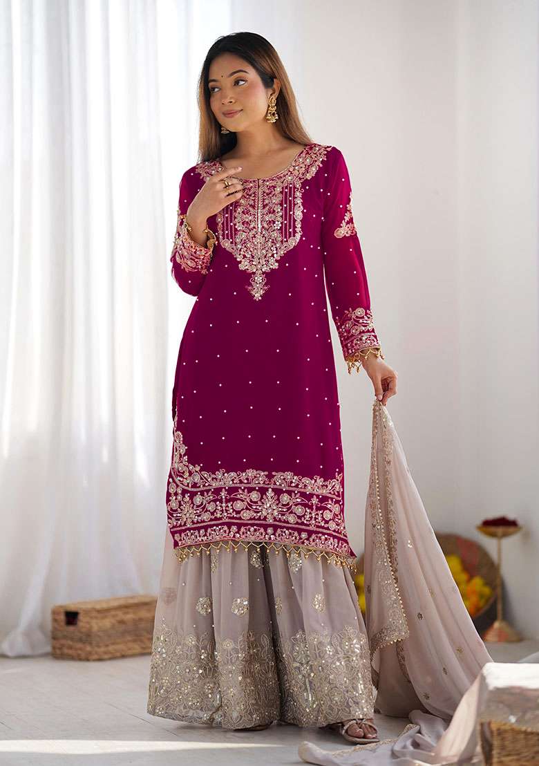Pink Embroidered Georgette  Kurta Set  - Indya