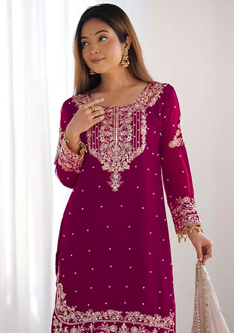 Pink Embroidered Georgette  Kurta Set  - Indya