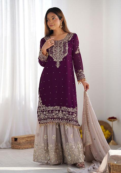 Wine Embroidered Georgette  Kurta Set 