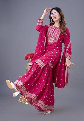 Rani Pink Embroidered Chinnon Kurta Set 